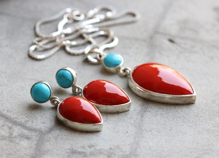 Buy Red Coral turquoise silver pendant 