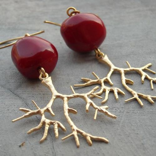 Buy Red coral earrings, 14K yellow gold 