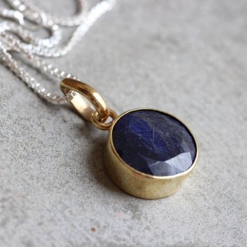 Buy 18k gold sapphire pendant necklace - Round blue precious stone ...