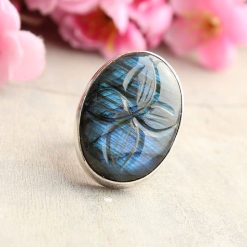 Buy Natural Labradorite Ring, Carved ring silver jewelry online at ...